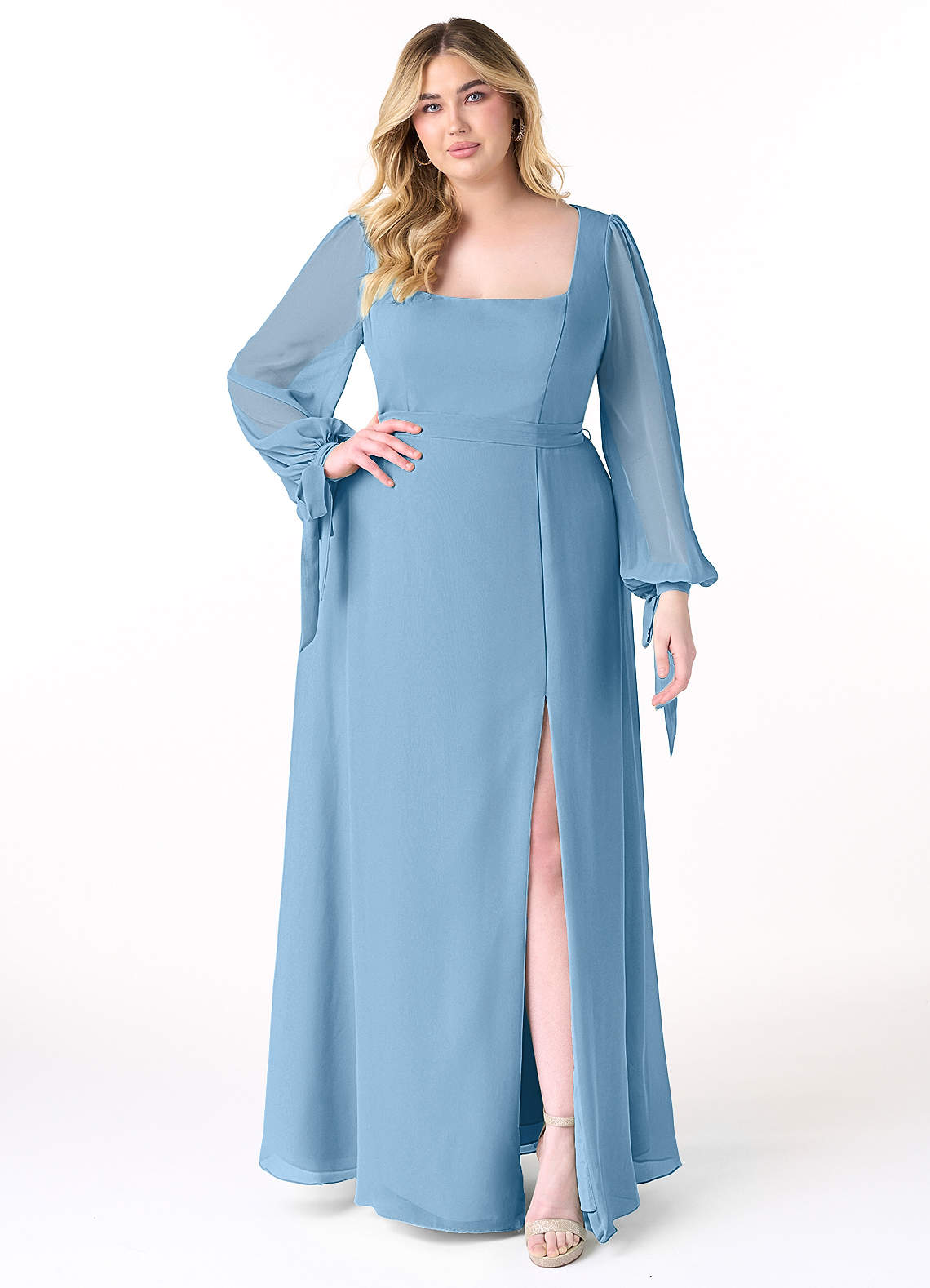 Azazie Leonia Bridesmaid Dresses Steel Blue A-Line Long Sleeve Chiffon Dress image1
