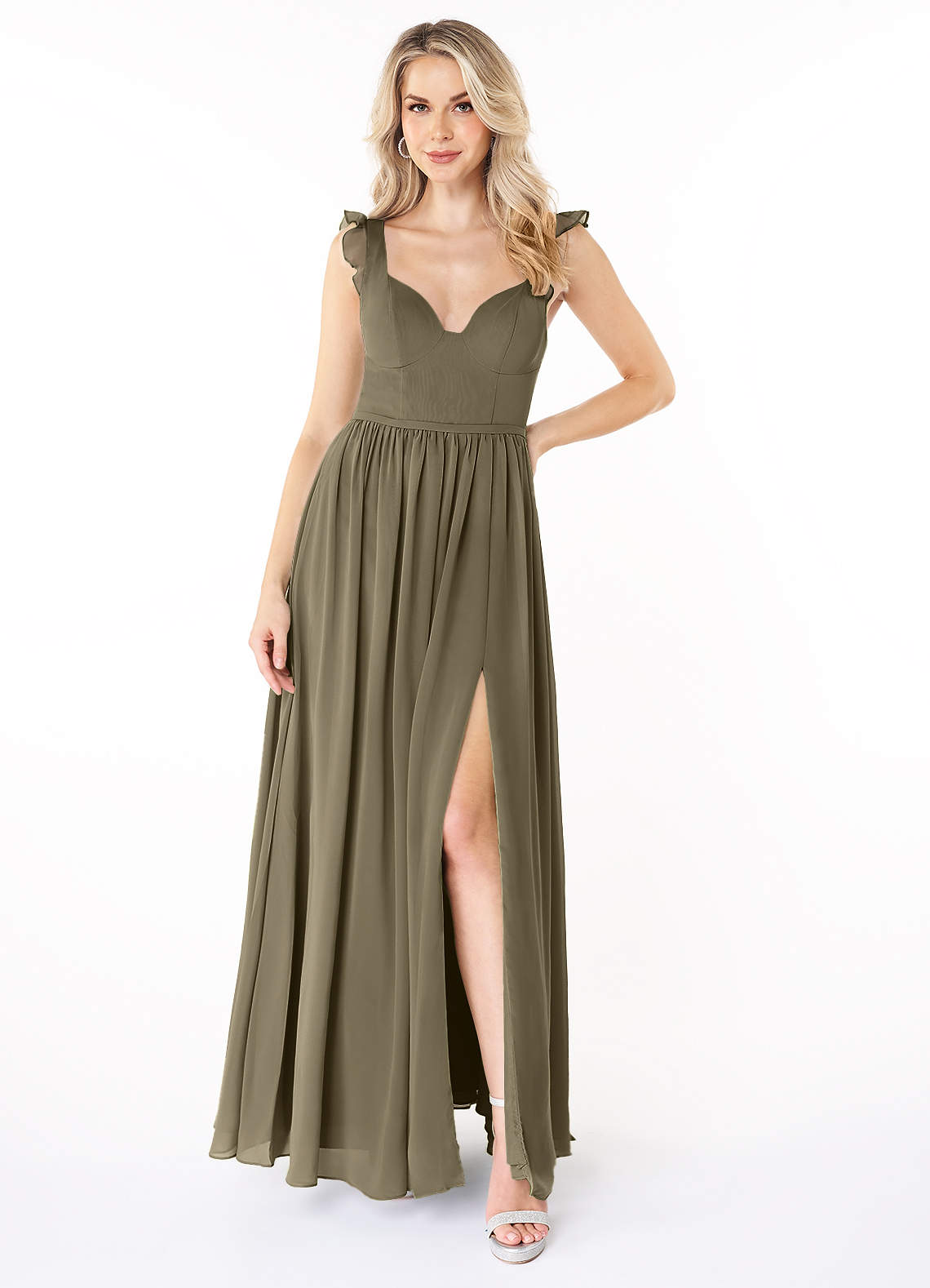 Azazie Stassie Bridesmaid Dresses Willow Green A-Line Sweetheart Ruched Chiffon Dress image1