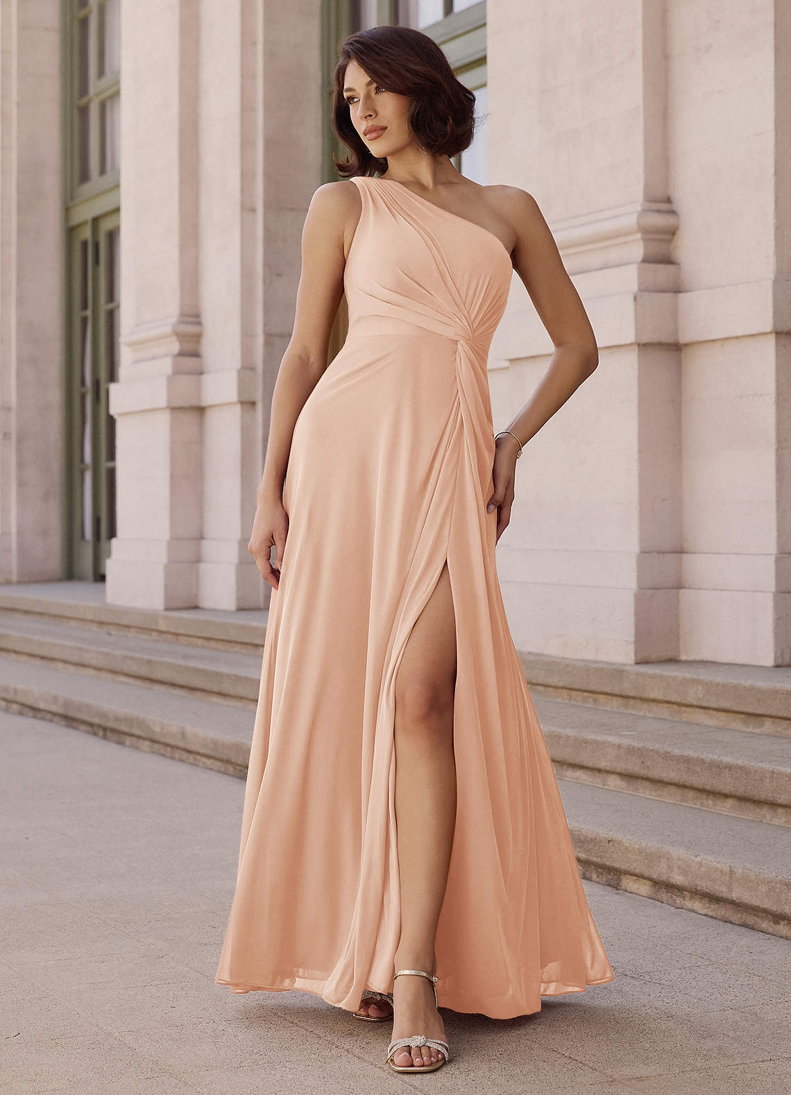 Azazie Brooke Bridesmaid Dresses English Rose A-Line One Shoulder Chiffon Dress image1