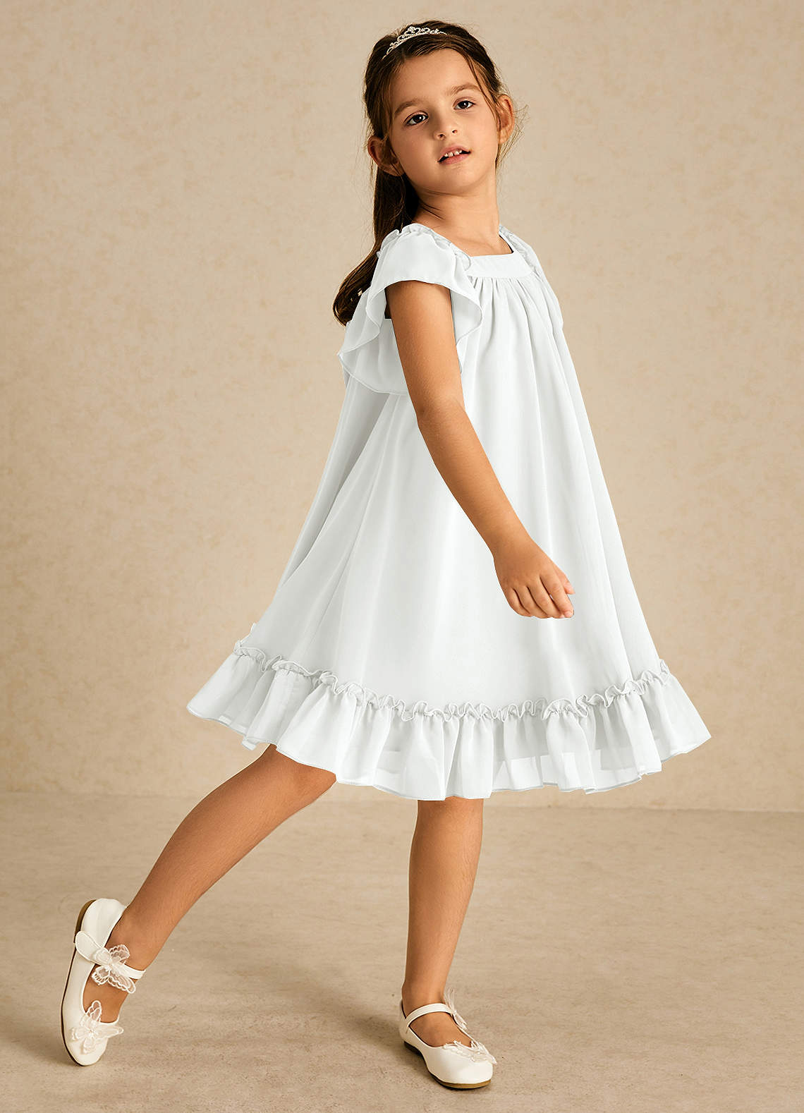 Azazie Tot Abiti da Ragazza di Fiori Abito A-Line in Chiffon Con Maniche Bianco Diamante image1