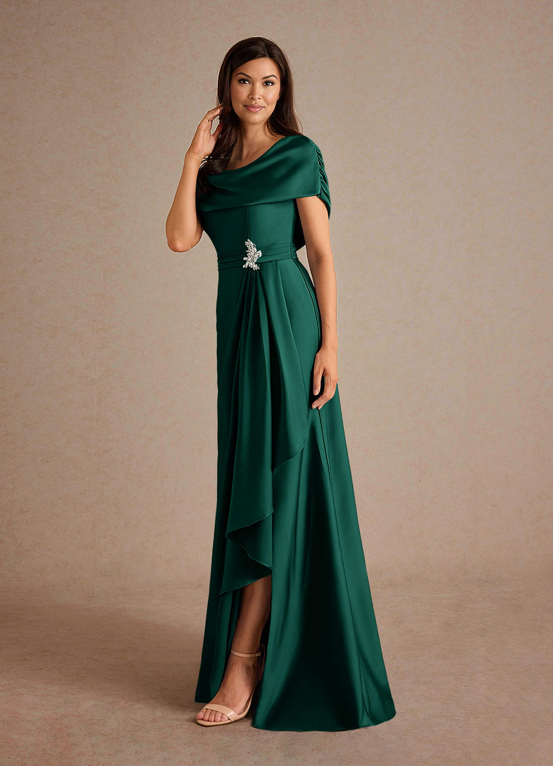 Azazie Branford Mother of the Bride Dresses Emerald A-Line Pleated Stretch Satin Dress image1