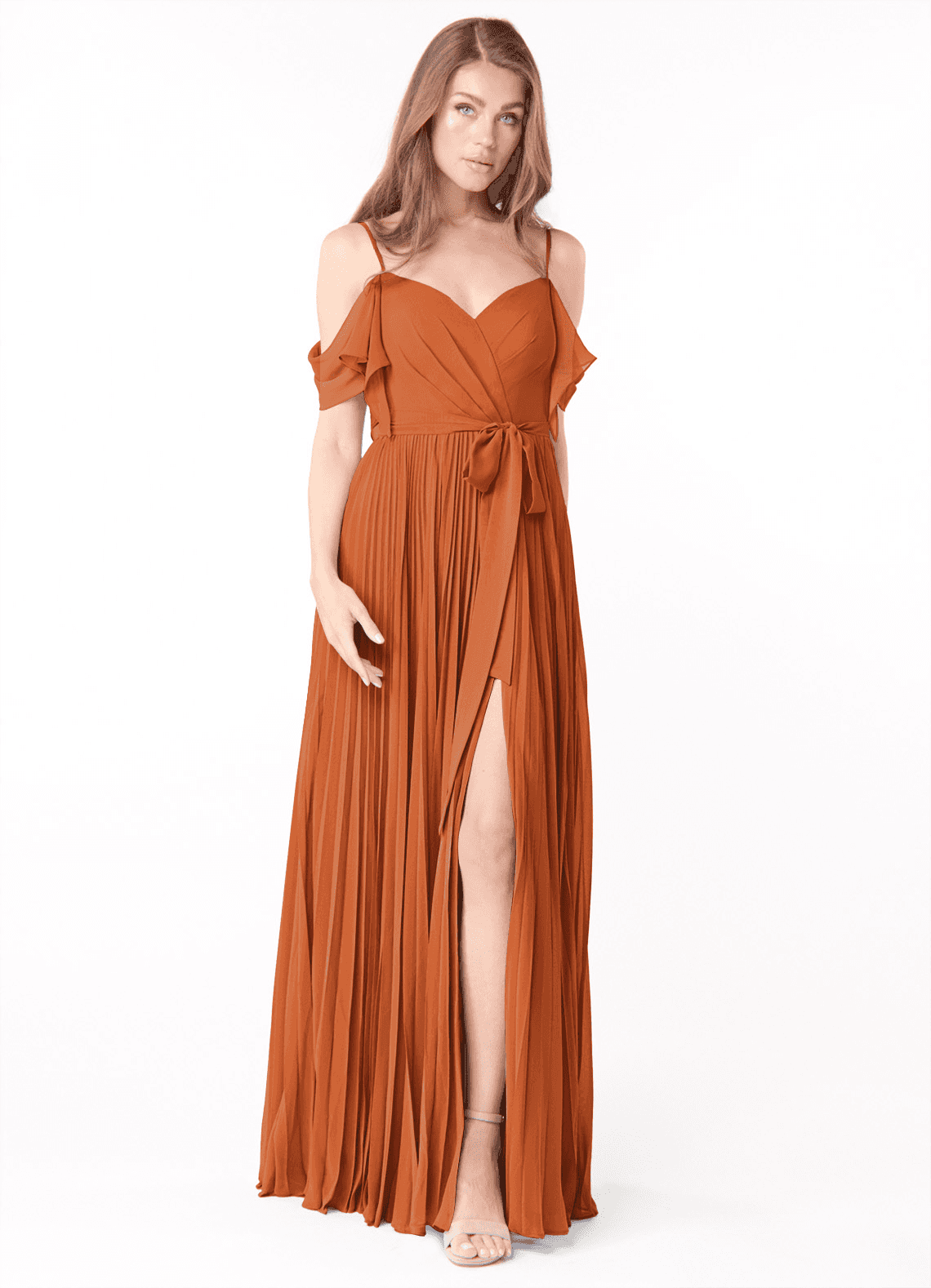 Azazie Lyney Bridesmaid Dresses Cinnamon A-Line Off the Shoulder Chiffon Dress image1