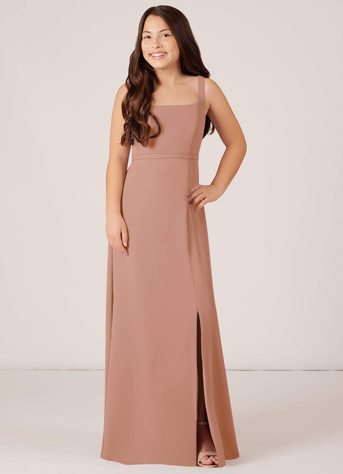 Azazie Renee Junior Champagne Rose A-Line Side Slit Chiffon Dress image1