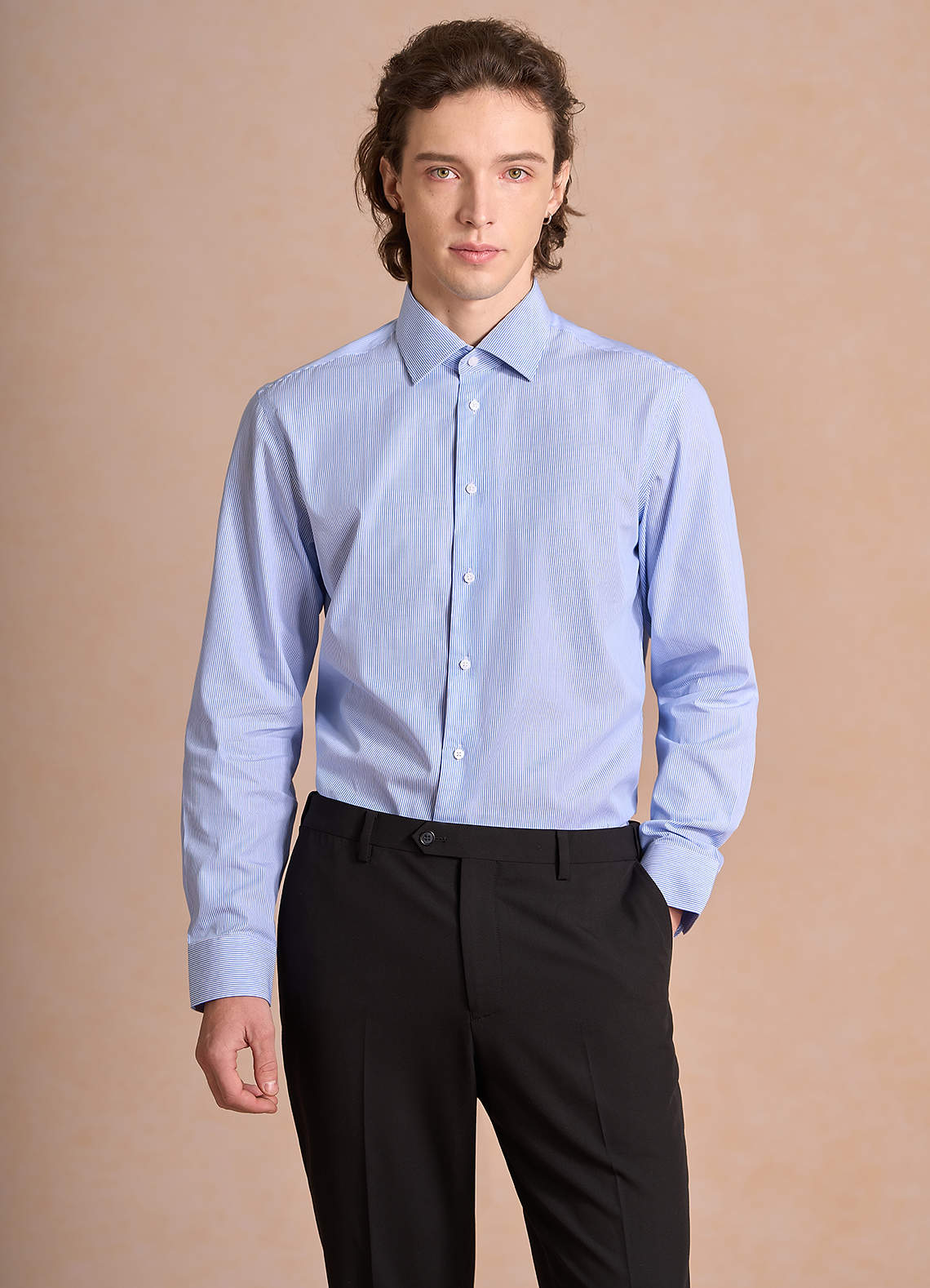front Aiden 하얀 하늘색 100% 면 소재, 다림질이 필요 없는 스트라이프 드레스 셔츠
