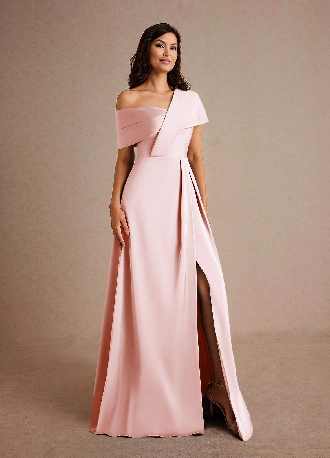 Azazie Milton Mother of the Bride Dresses Blushing Pink A-Line Pleated Stretch Satin Dress image7