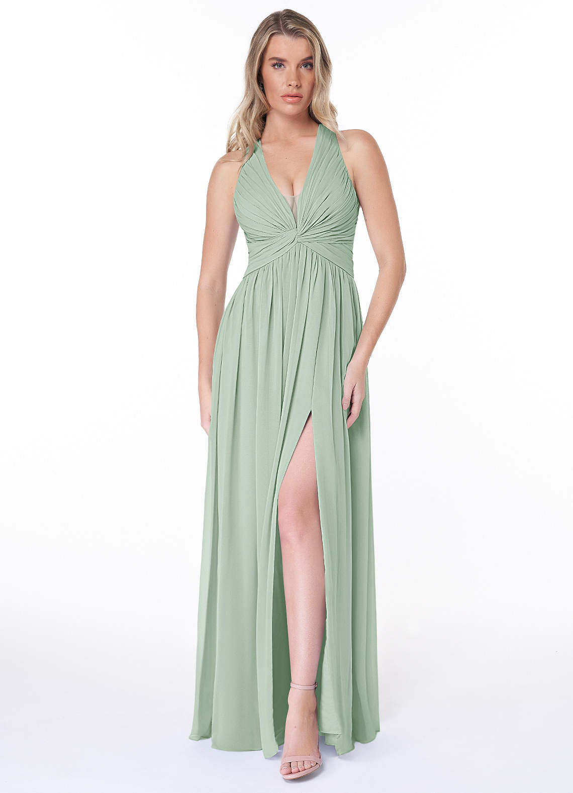 Azazie Jaclyn Brautjungfernkleider A-Linie Plissee Chiffon Kleid Agave image1
