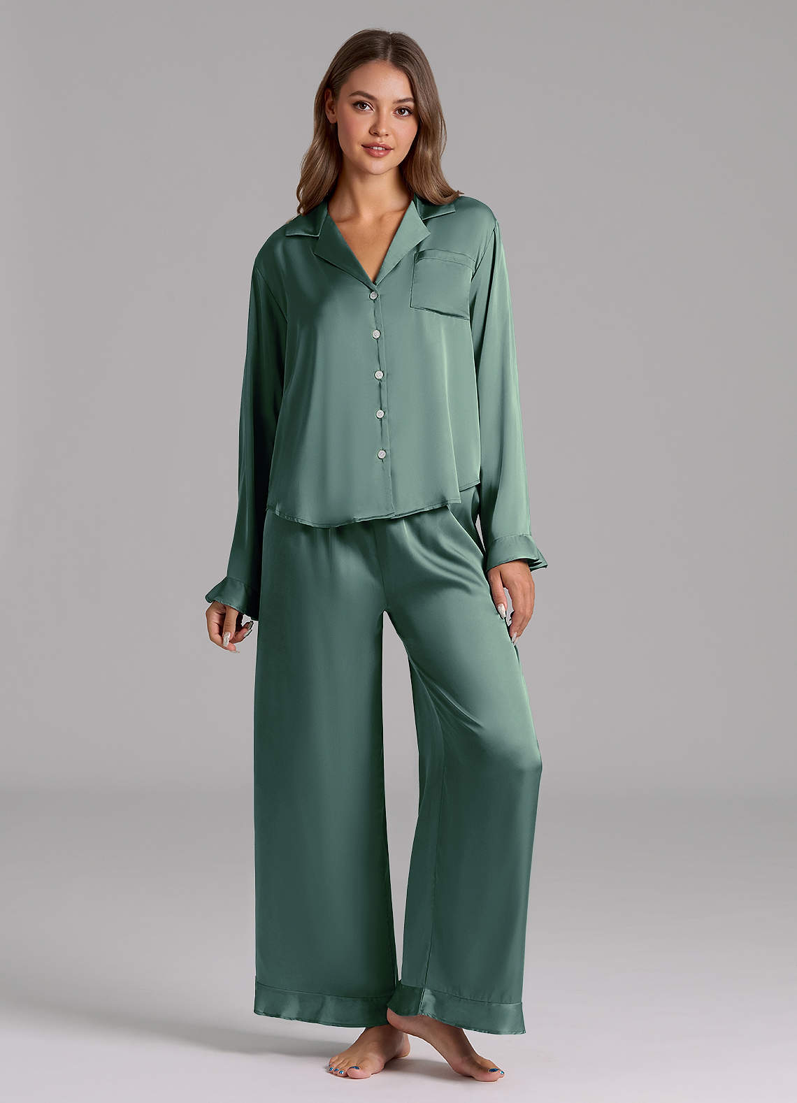 front Matching Color Ruffled Satin Long Sleeve Pajama Set