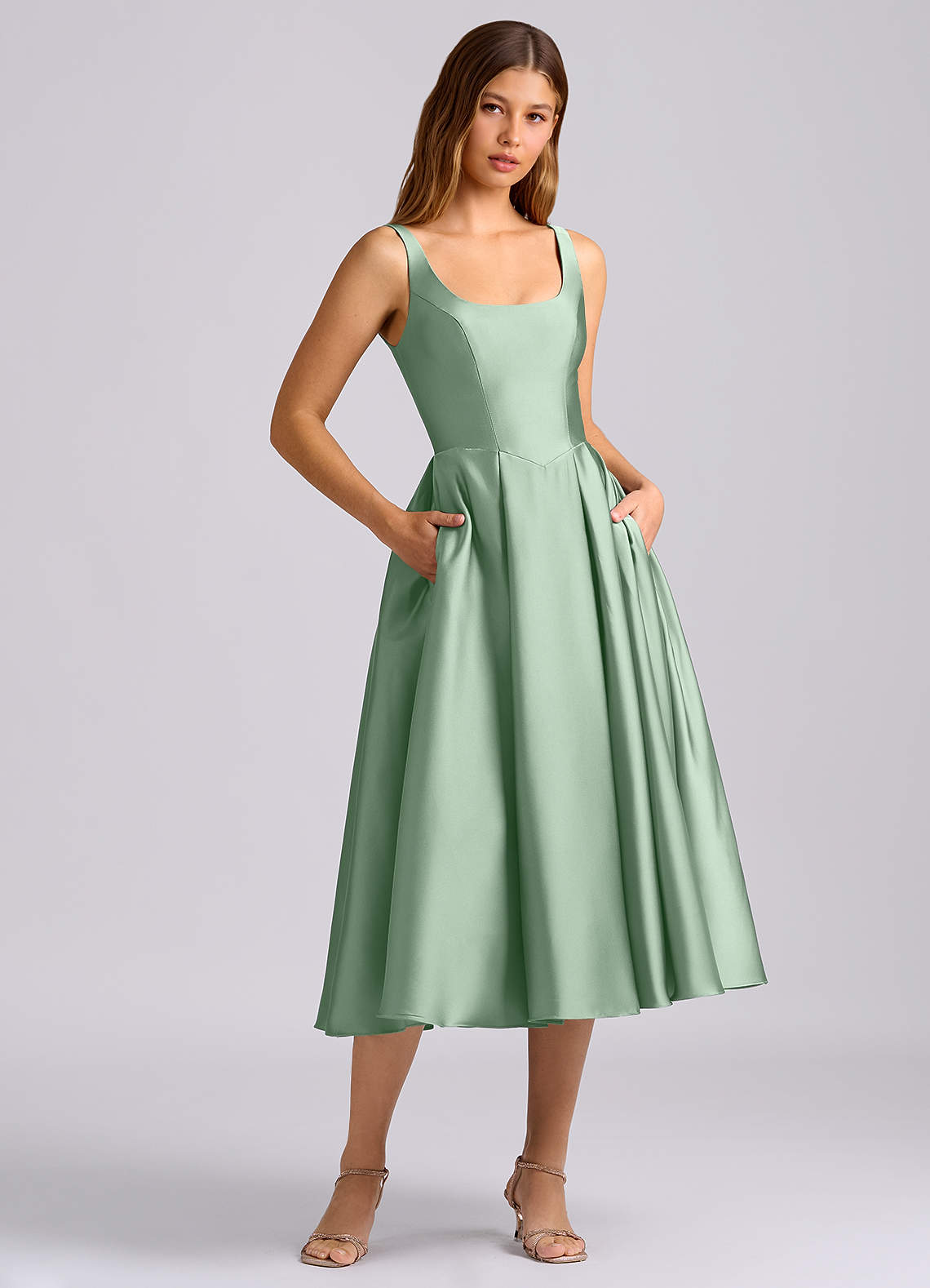 Azazie A-Line Square Neck Tea-Length Stretch Satin Bridesmaid Dresses - Agave
