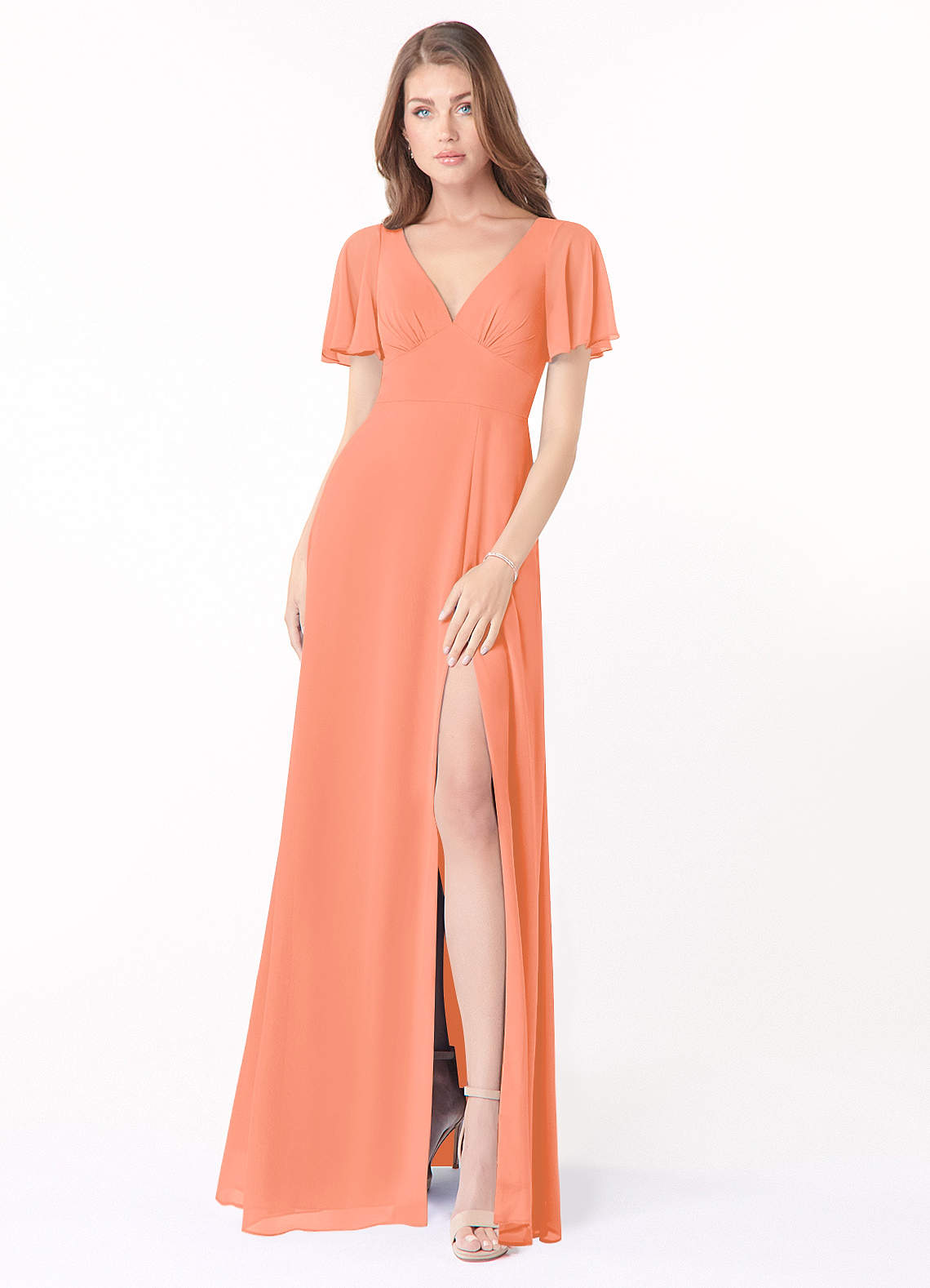 Azazie Kimber Bridesmaid Dresses Sunset A-Line Flounce Sleeve Chiffon Dress image1