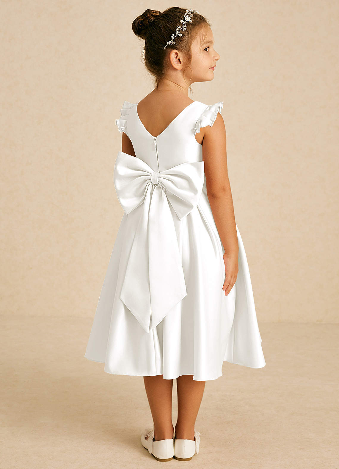 Azazie Francine Flower Girl Dresses Ivory A-Line Bow Matte Satin Dress image1