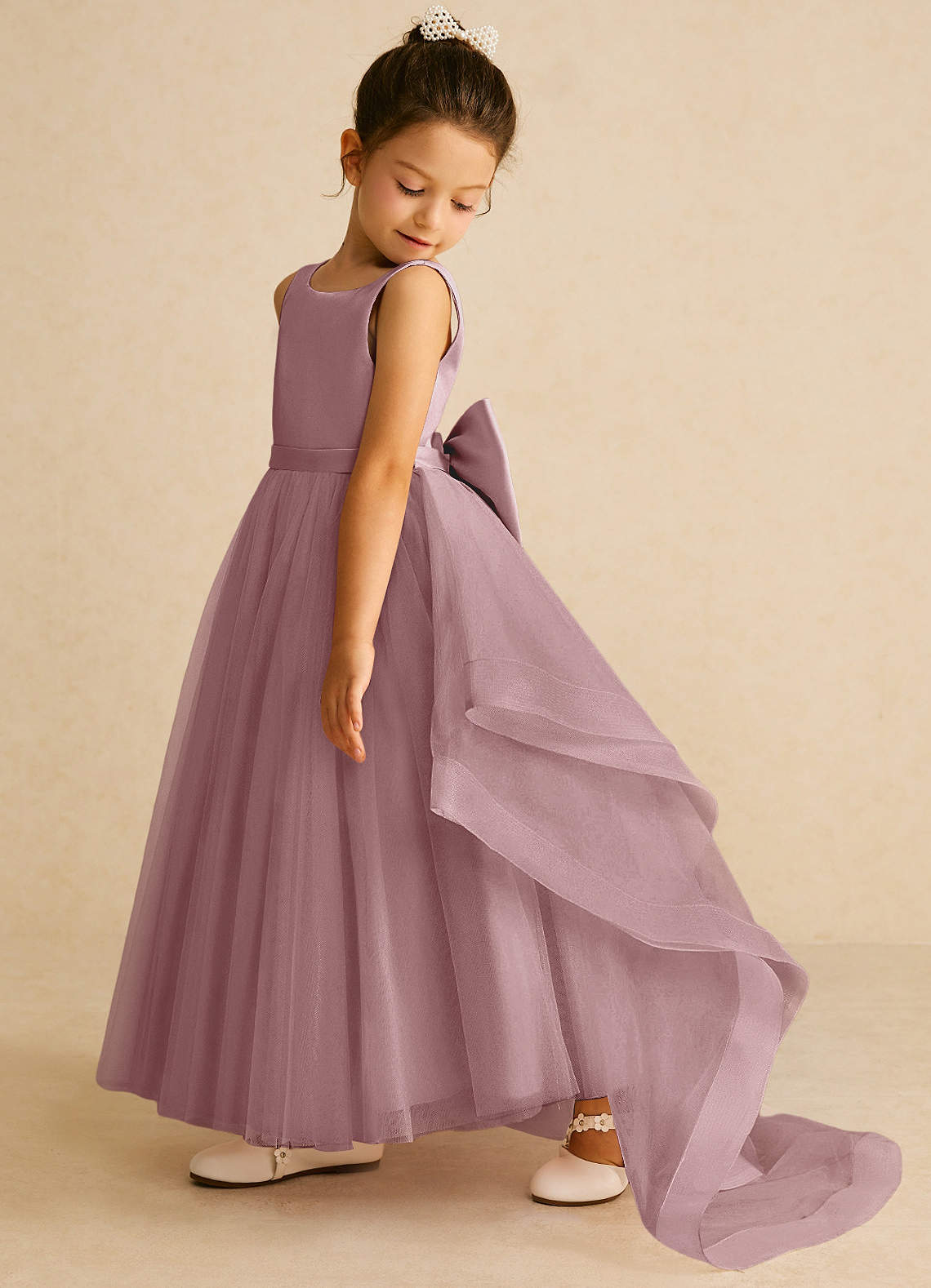 Azazie Pumpkin Flower Girl Dresses Dusty Rose A-Line Bow Tulle Dress image3