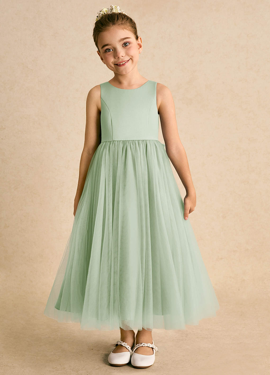 Azazie Solia Robe Demoiselle D'honneur Fillette Robe Princesse en Tulle Arc Vert Sauge image2