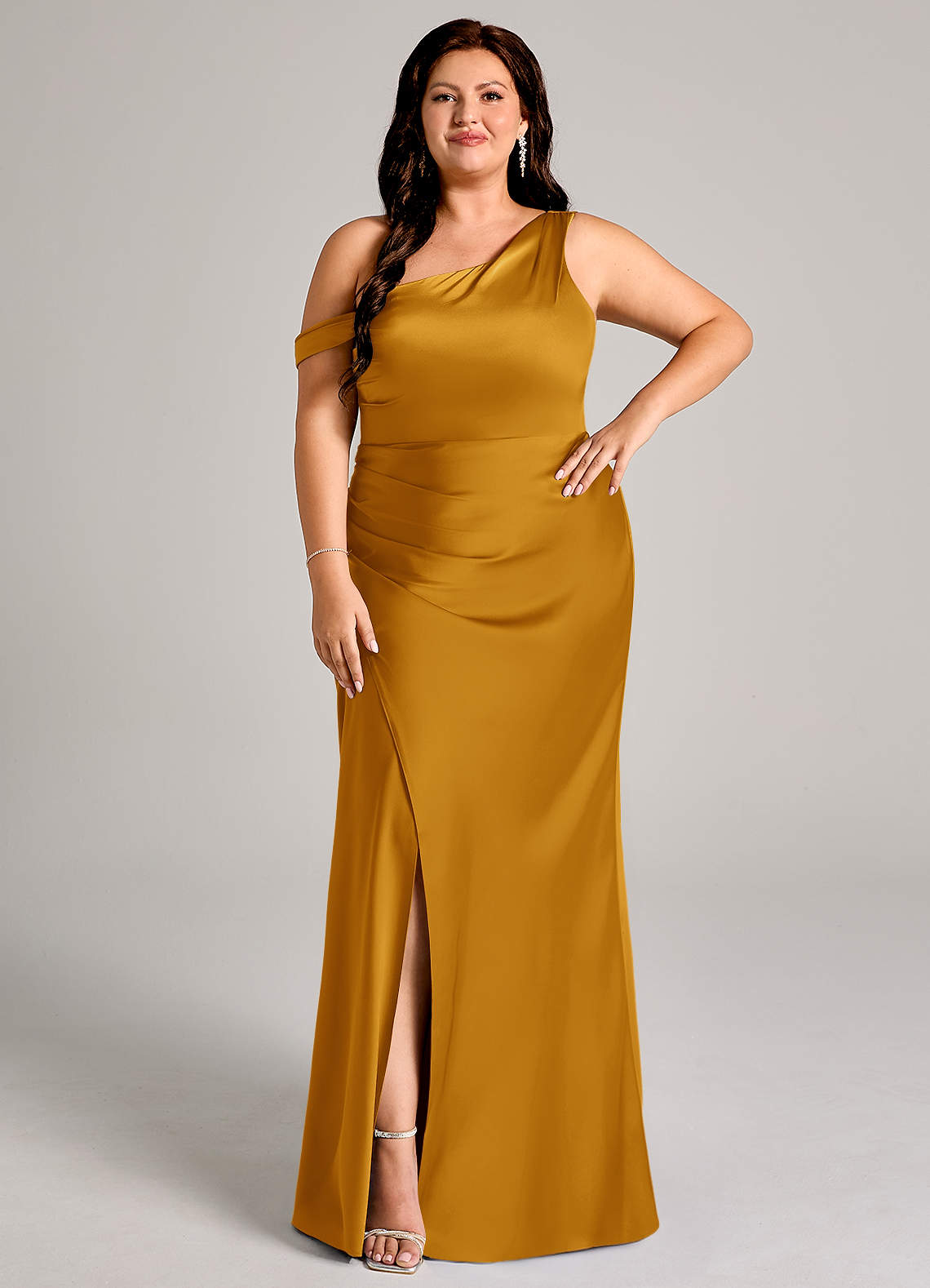 Azazie Madelyn Bridesmaid Dresses Butterscotch Mermaid One Shoulder Stretch Satin Convertible Dress image1