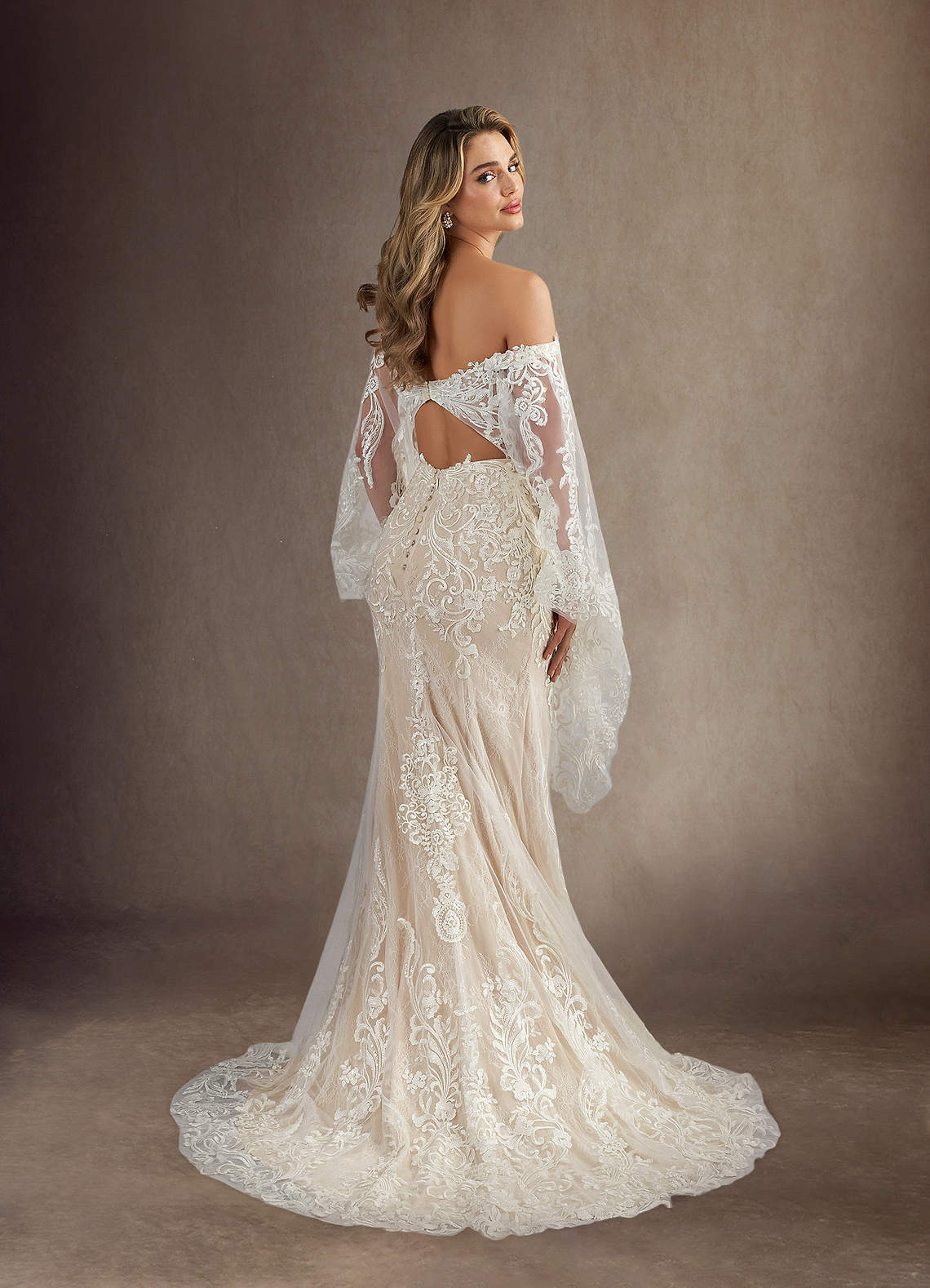 Azazie Memphis Vestidos de novia Vestido de Blanco Diamante Nude de Encaje de Corte Sirena con Lentejuelas Cuello en V image4