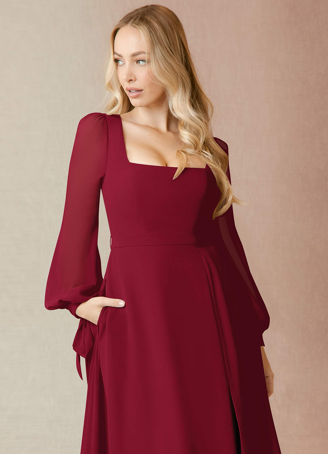 Azazie Leonia Bridesmaid Dresses Burgundy A-Line Long Sleeve Chiffon Dress image5