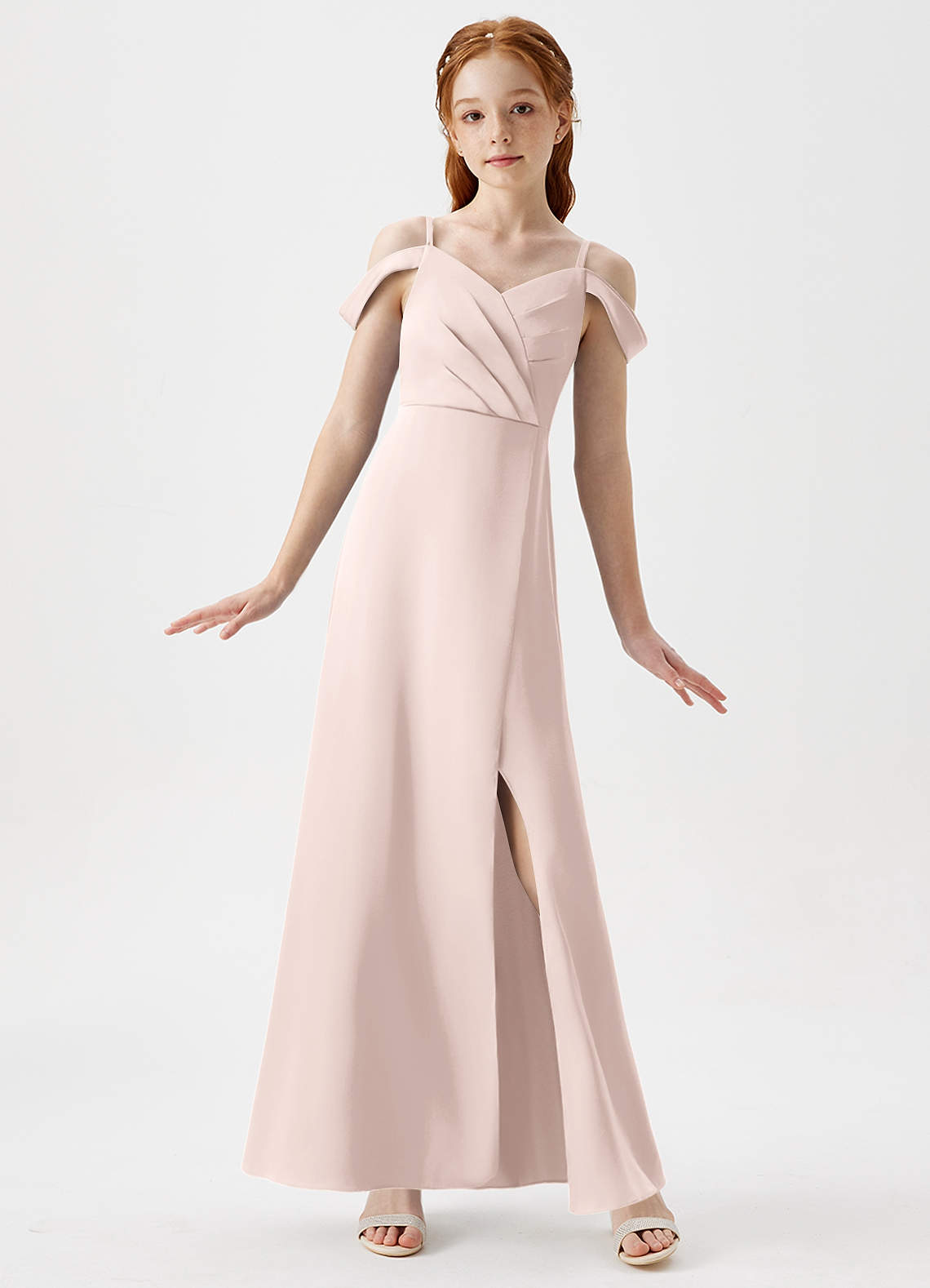 Azazie Ocean Junior Blushing Pink A-Line Off the Shoulder Stretch Satin Dress image1