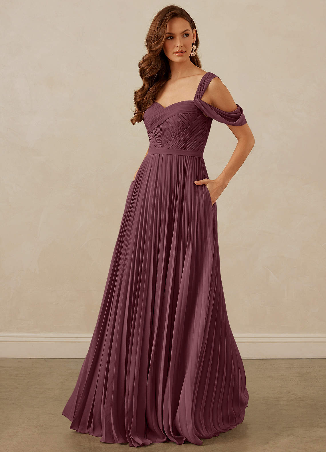 Christian Siriano Bridal for Azazie 1013 Bridesmaid Dresses Sangria A-Line Off the Shoulder Chiffon Dress image1