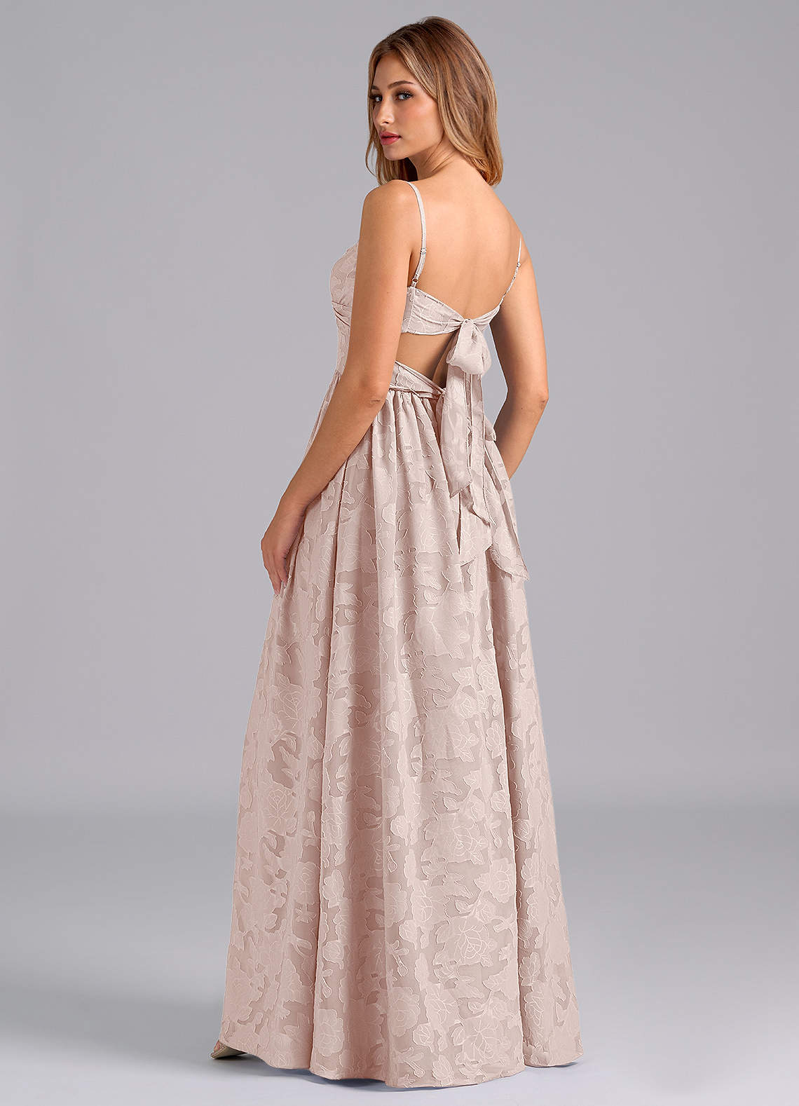 Azazie Zeya Bridesmaid Dresses Blushing Pink A-Line Bow Floral Burnout Dress image1