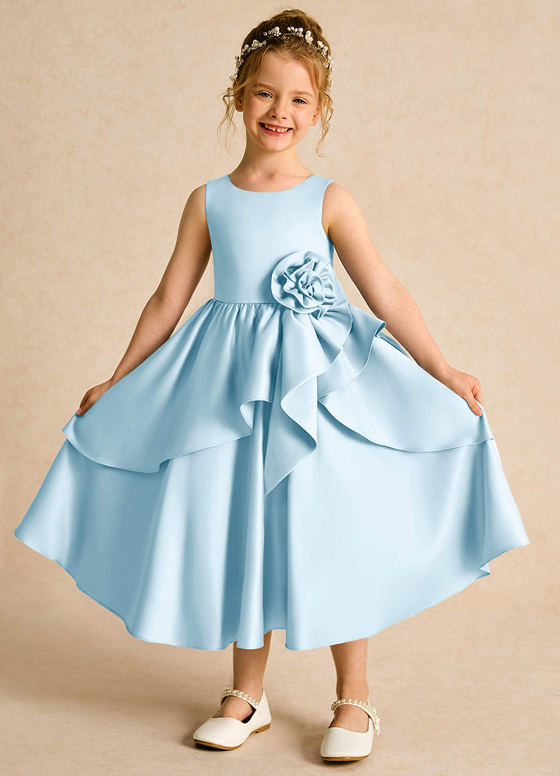 Azazie Hermia Flower Girl Dresses Sky Blue A-Line Sleeveless Matte Satin Dress image1