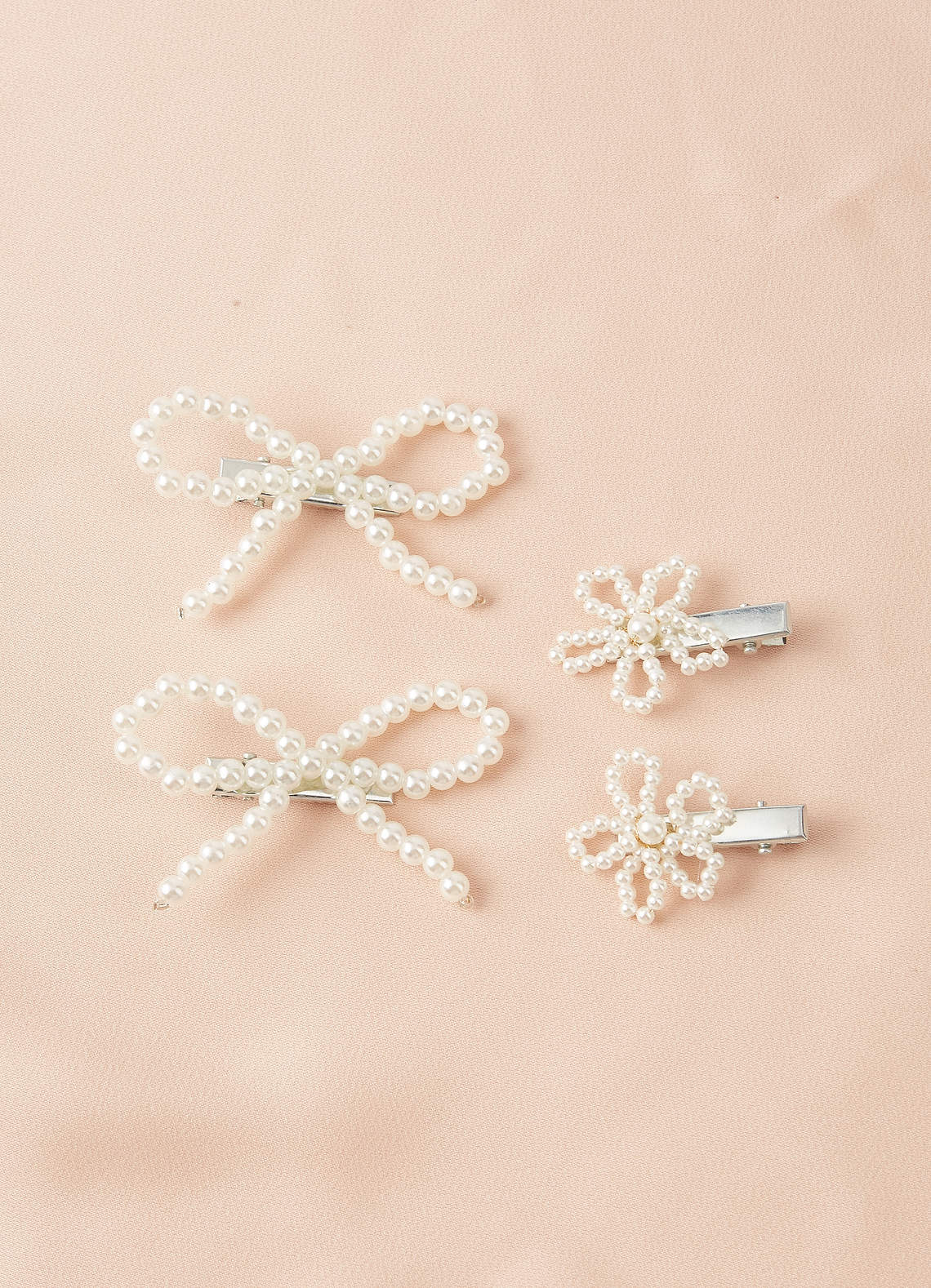 front Four-Piece Pearl Bow and Flower Hair Clip Set
