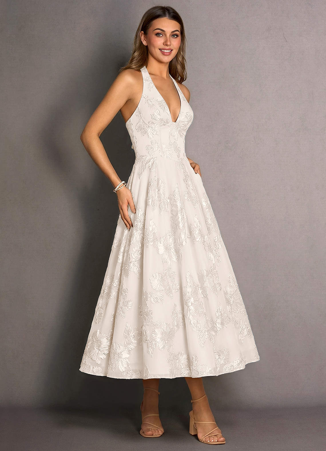 Azazie Maxi Dresses A-Line Wedding Guest Formal Semi-Formal Dresses Halter 3D Flowers Embroidery Cloud White