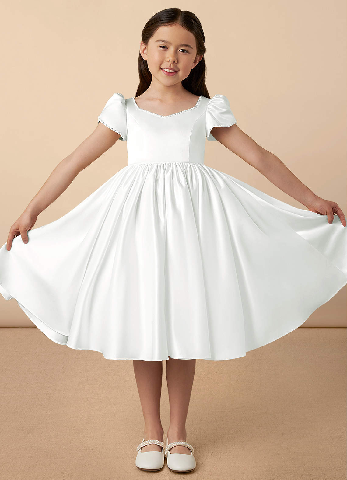 Azazie Juno vestidos de niña de las flores Vestido de Marfil de Satin Mate de Corte En A con Escote de Corazón image1