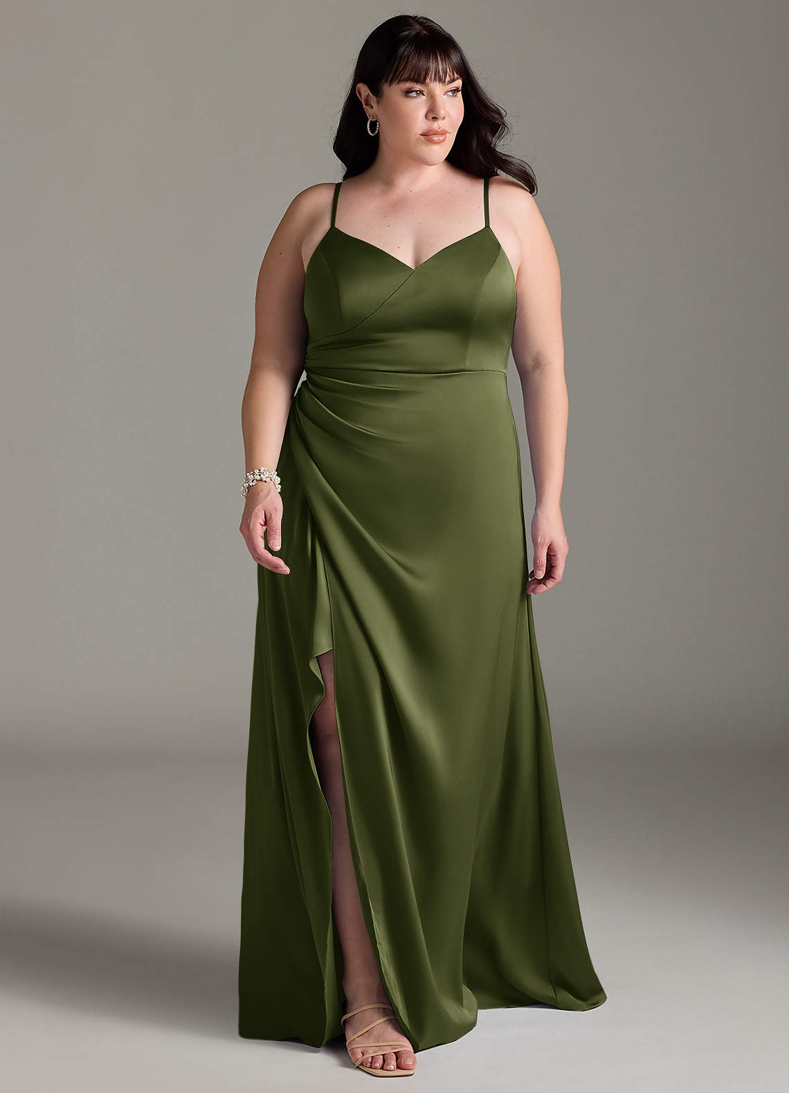 Azazie Marchella Robes de demoiselle d'honneur Robe Trapèze en Satin extensible Corset Olive image6