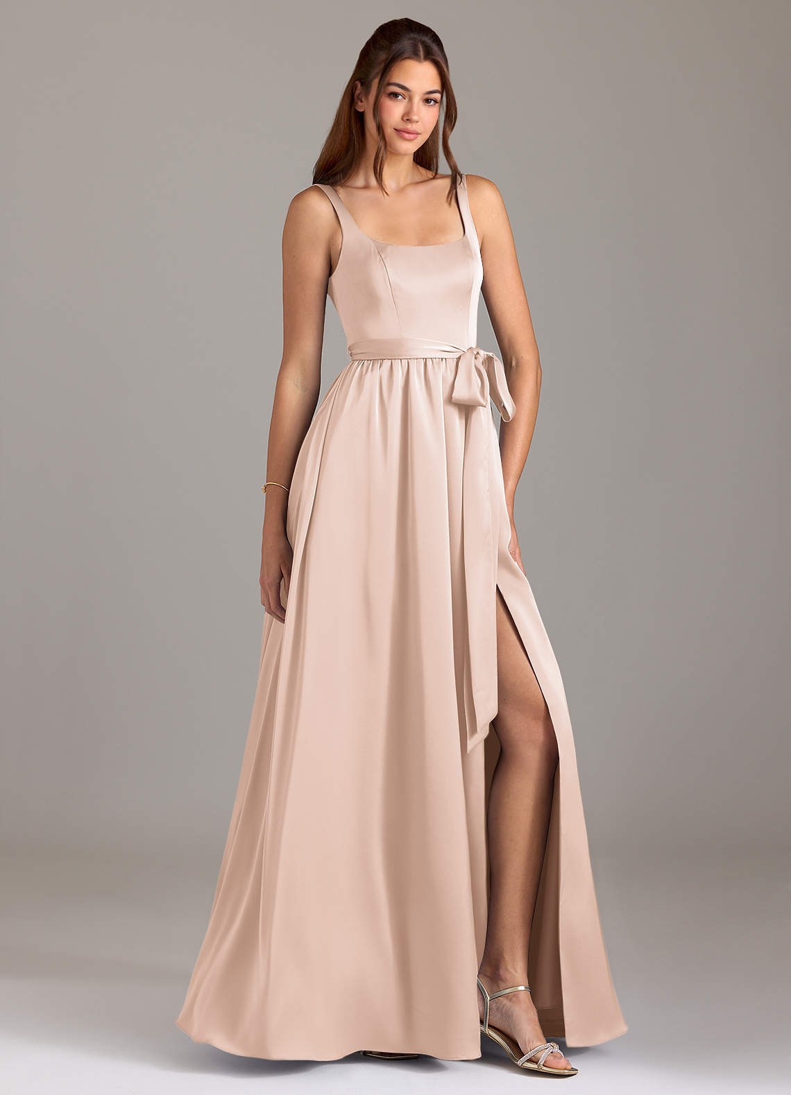 Azazie Elliott Bridesmaid Dresses Blushing Pink A-Line with Pockets Stretch Satin Dress image1