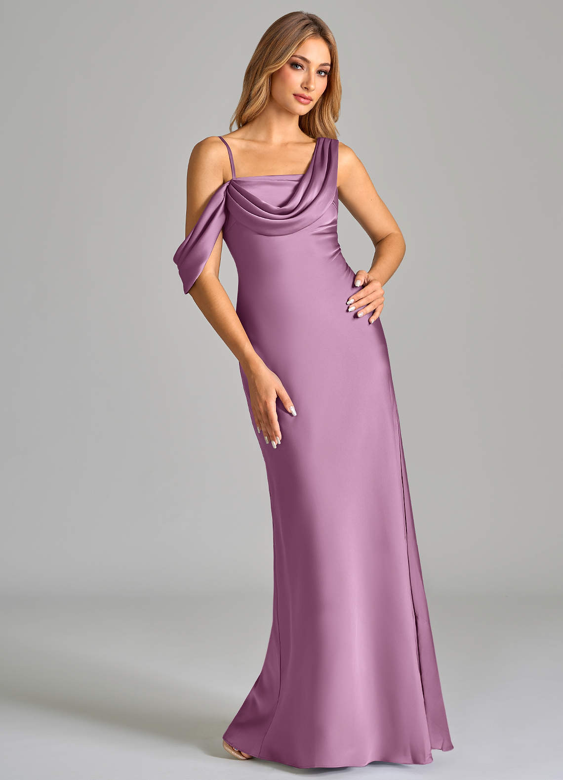 Azazie Celina Bridesmaid Dresses Wisteria Sheath Off the Shoulder Stretch Satin Dress image1