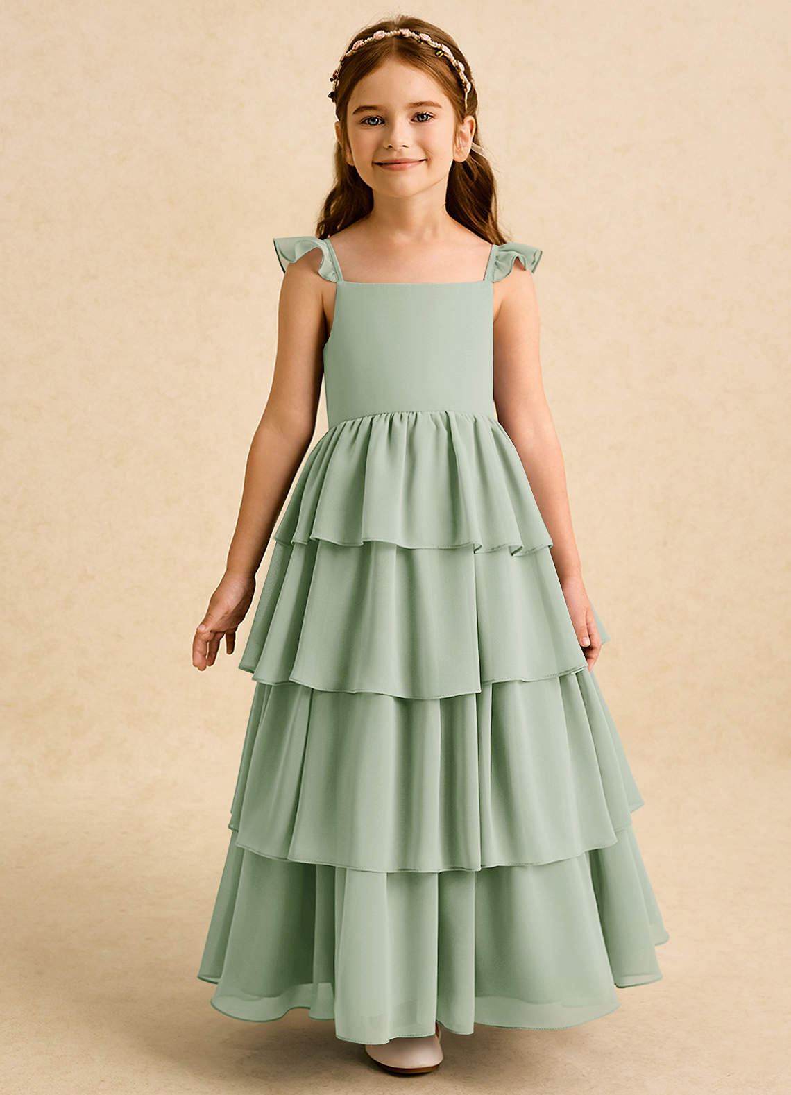 Azazie Boba Flower Girl Dresses Dusty Sage A-Line Square Neckline Chiffon Dress image4
