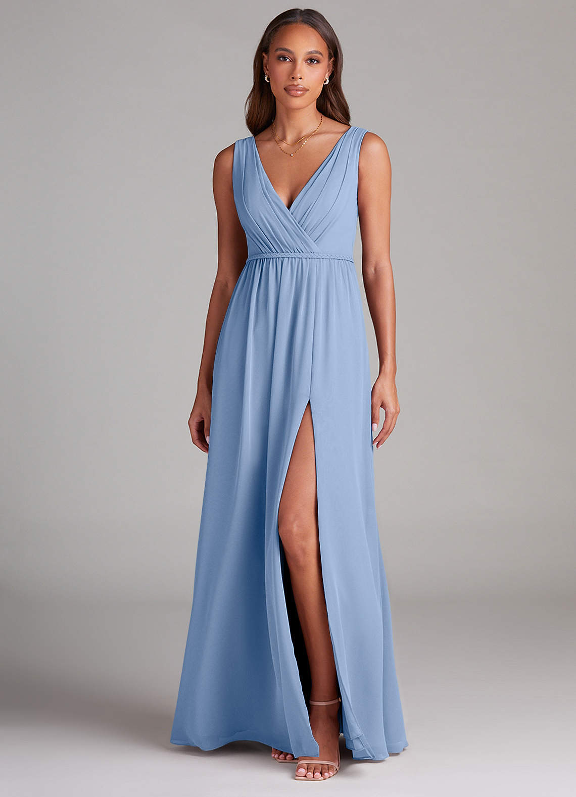 Blue Belt A Line V Neck Chiffon Prom Dress Blue Belt A Line V Neck Chiffon Prom Dress