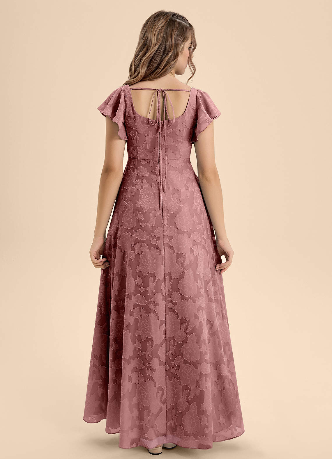 Azazie Bondi Junior Dusty Rose A-Line Bow Floral Burnout Dress image1