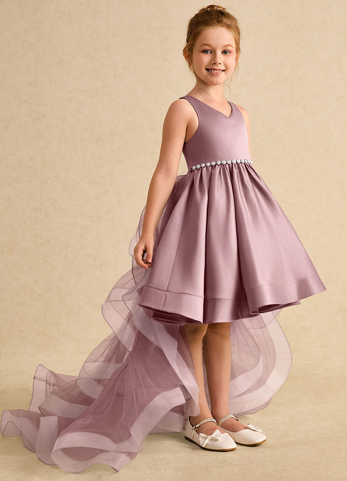 Azazie Julietta Robe Demoiselle D'honneur Fillette Robe Princesse en Tulle Convertible Rose Poussiéreuse image2