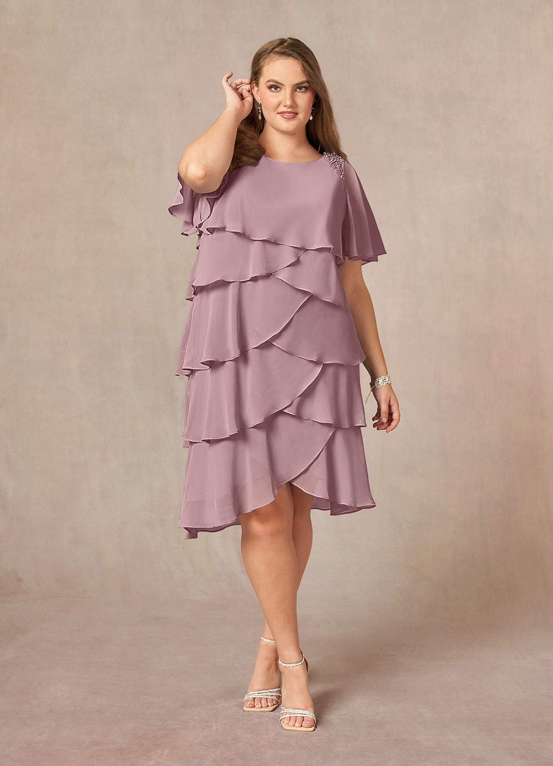 Azazie Rita Mother of the Bride Dresses Dusty Rose A-Line Scoop Beaded Chiffon Dress image1