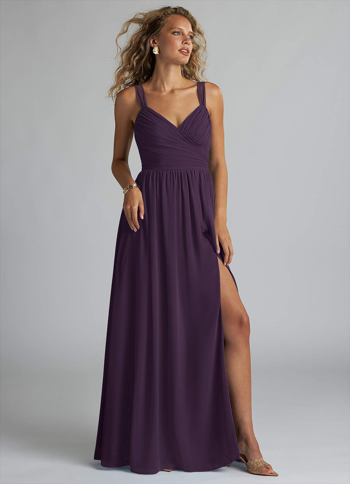 Azazie Aziza Bridesmaid Dresses Plum A-Line V-Neck Pleated Chiffon Dress image1