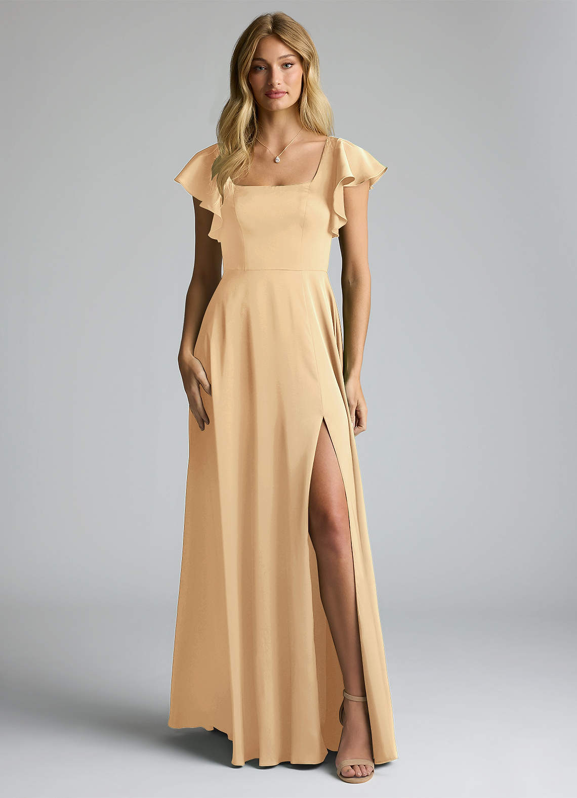 Azazie Bondi Bridesmaid Dresses Gold A-Line Bow Stretch Satin Dress image4