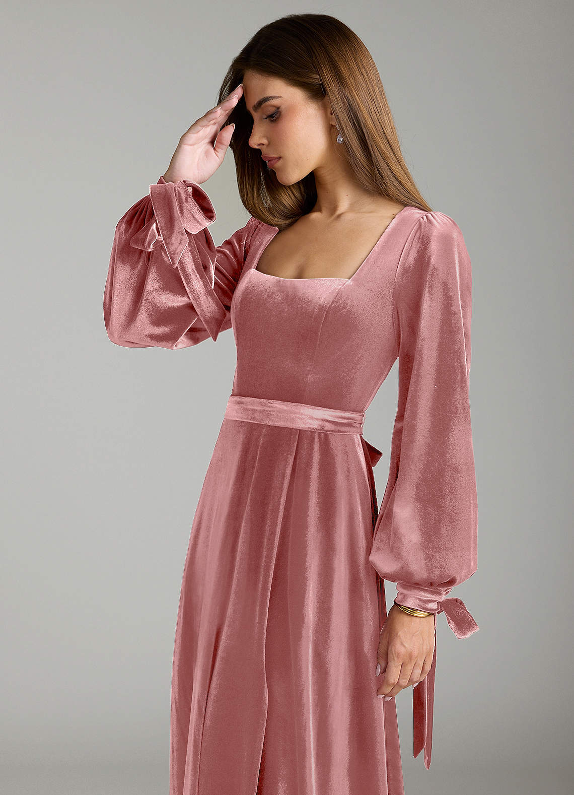 knee length dresses for ladies BABARONI Off The Shoulder Long Sleeves Velvet Dresses Dusty Rose Plus size, Dusty Rose / US18