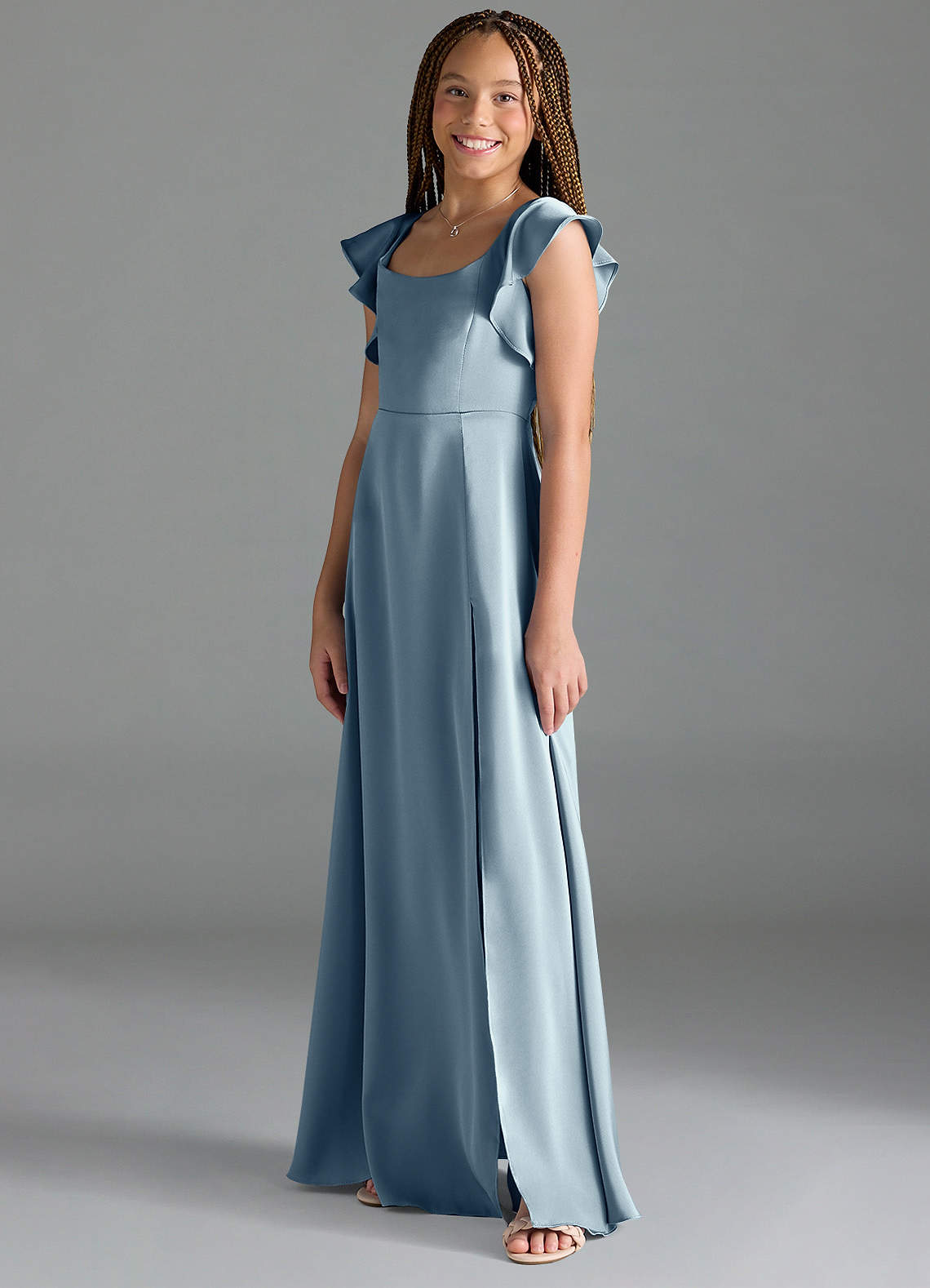 Azazie Bondi Junior Dusty Blue A-Line Side Slit Stretch Satin Dress image3
