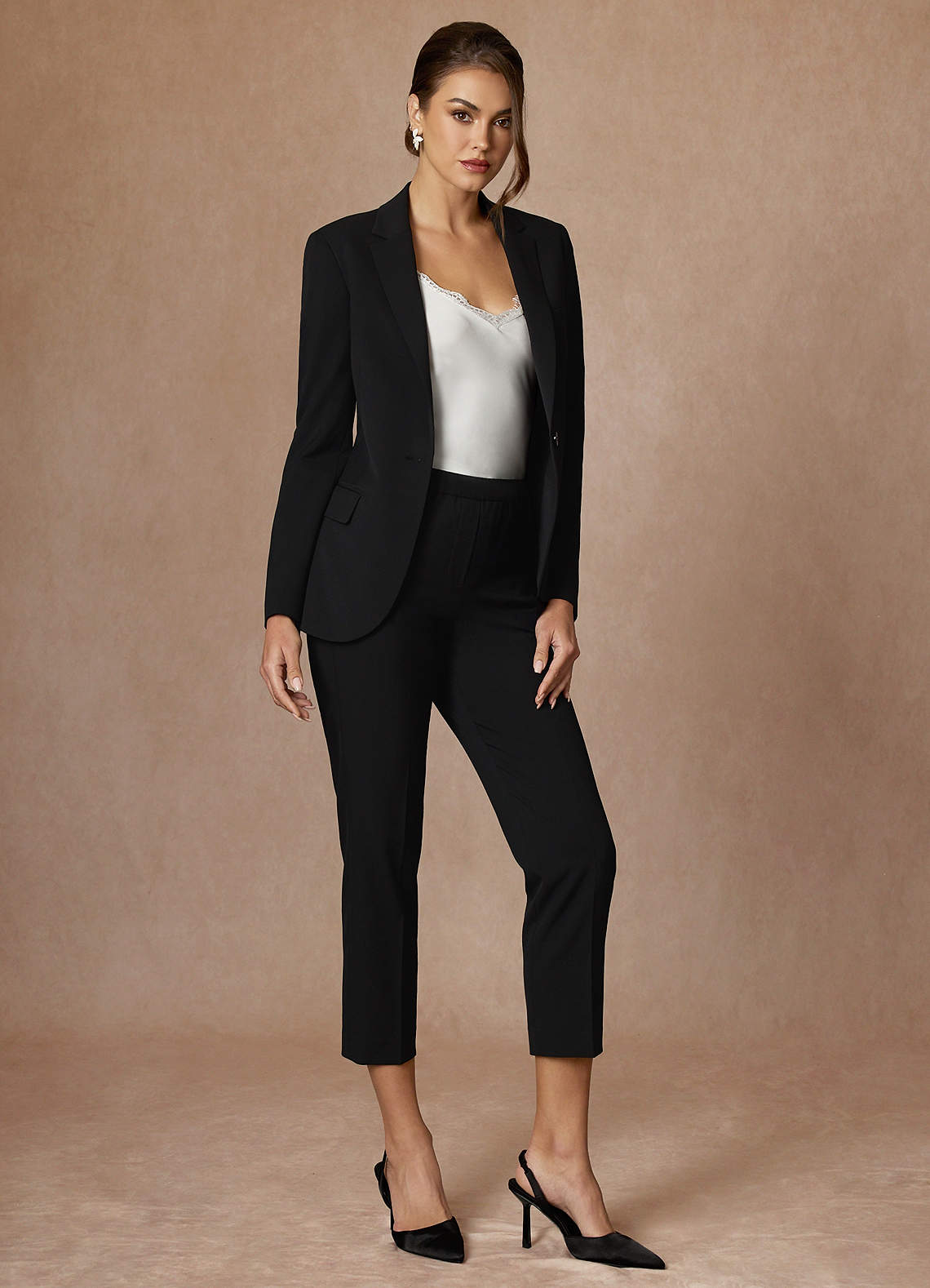 front Charlotte Black Refined Weave Pants Suit