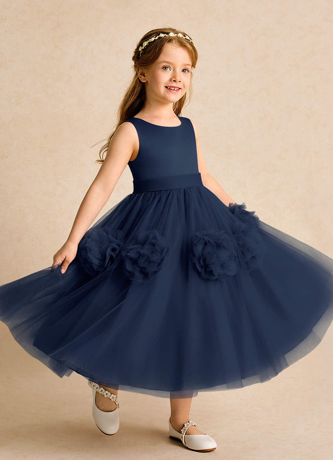 Azazie Vola Flower Girl Dresses Dark Navy Ball-Gown Sleeveless Tulle Dress image1