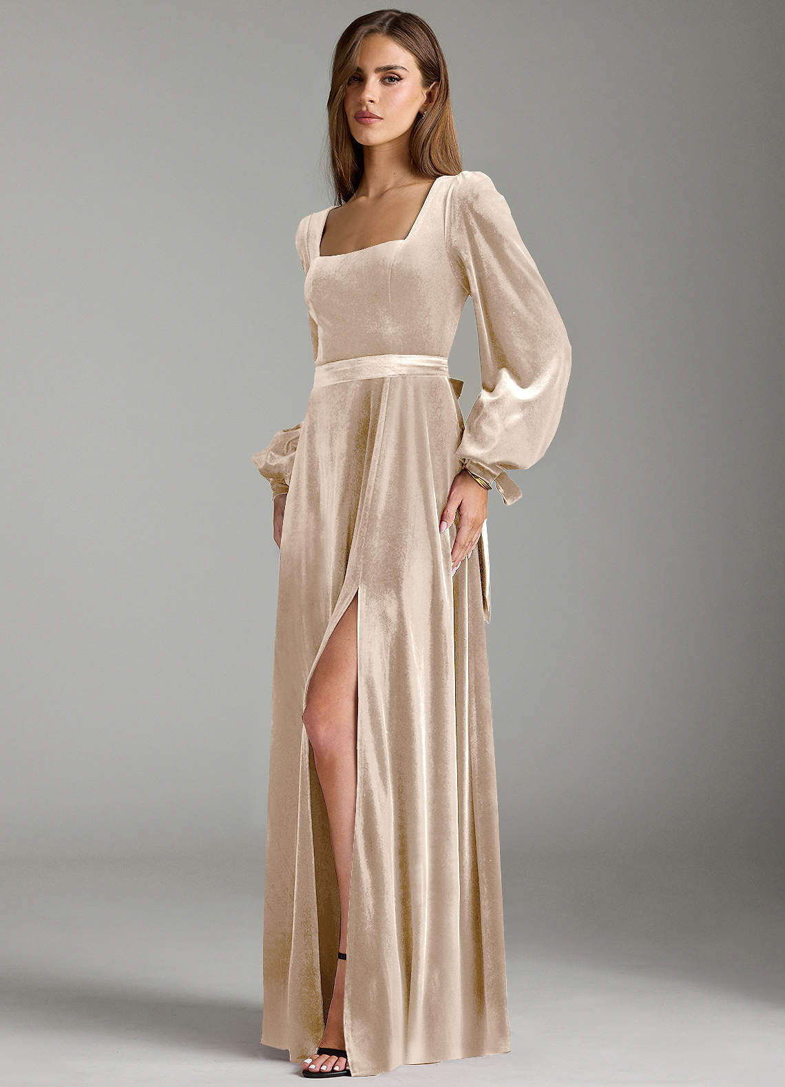 sachin and babi light blue dress Long Sleeve Crew Neck Champagne Mother Of the Bride Dress Satin with G –  Loveiss main image 0