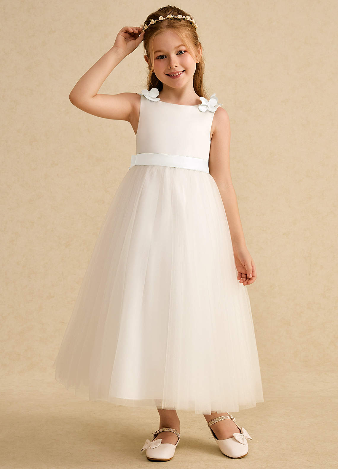 Azazie Lilli Robe Demoiselle D'honneur Fillette Robe Trapèze en Tulle Arc Ivoire image4