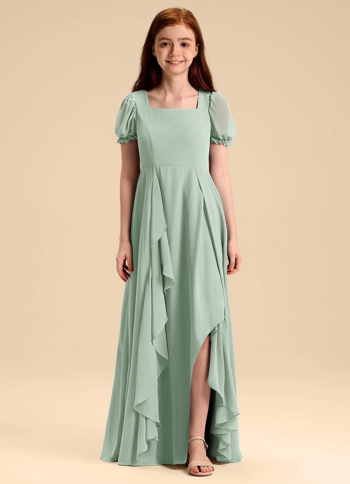 Azazie Priya Junior Agave A-Line Blouson Chiffon Dress image1