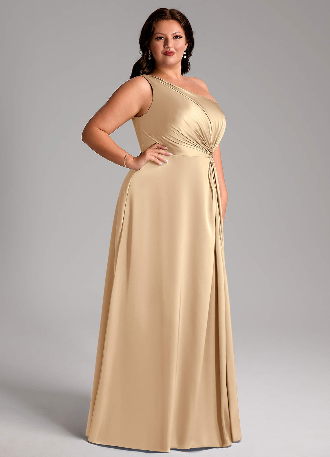 Azazie Brooke Jurken voor bruidsmeisjes Jurk van Stretch Satijn met A-Lijn One-Shoulder Champagne image9