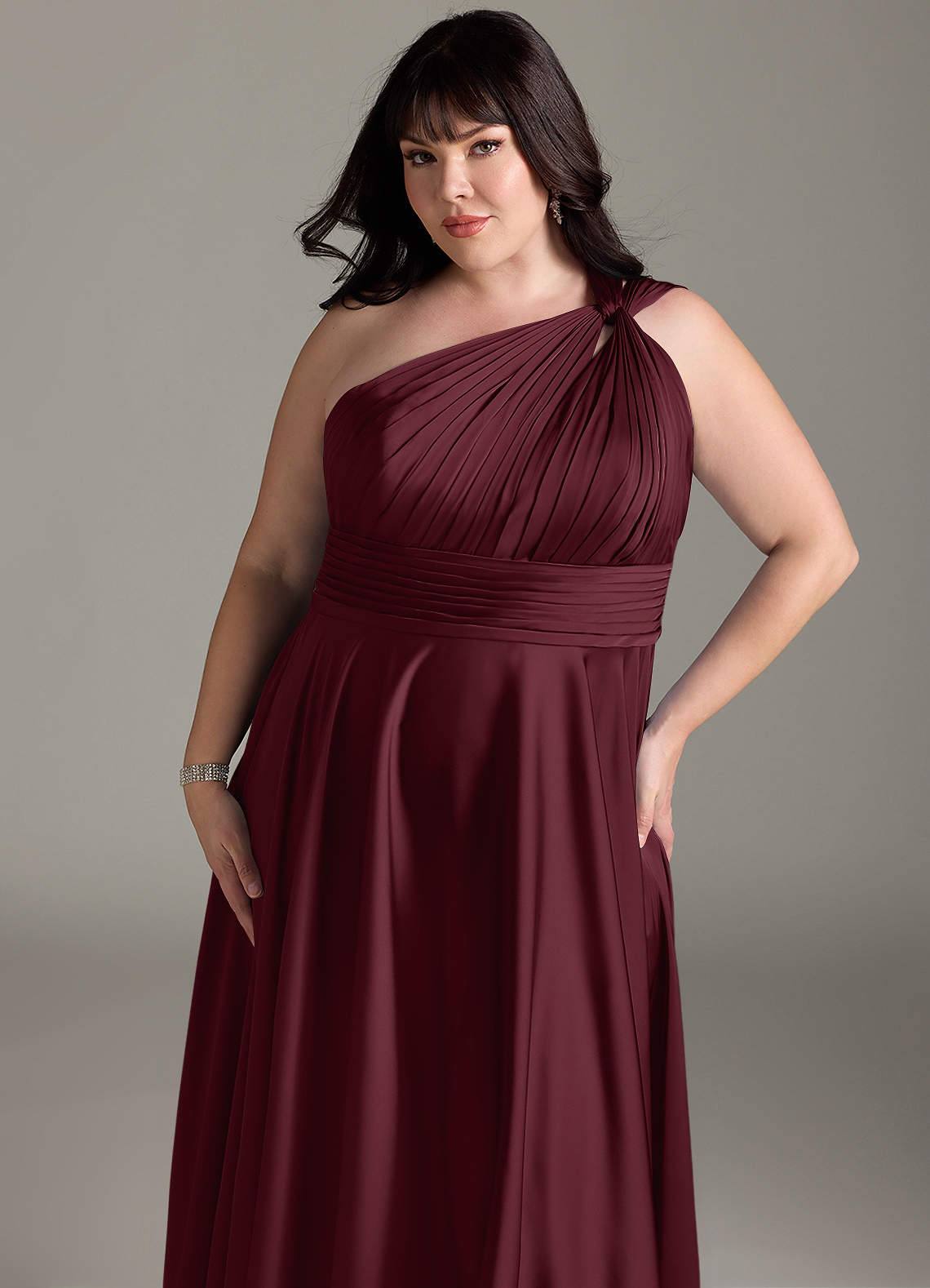 Azazie Charlize Bridesmaid Dresses Cabernet A-Line One Shoulder Stretch Satin Dress image13