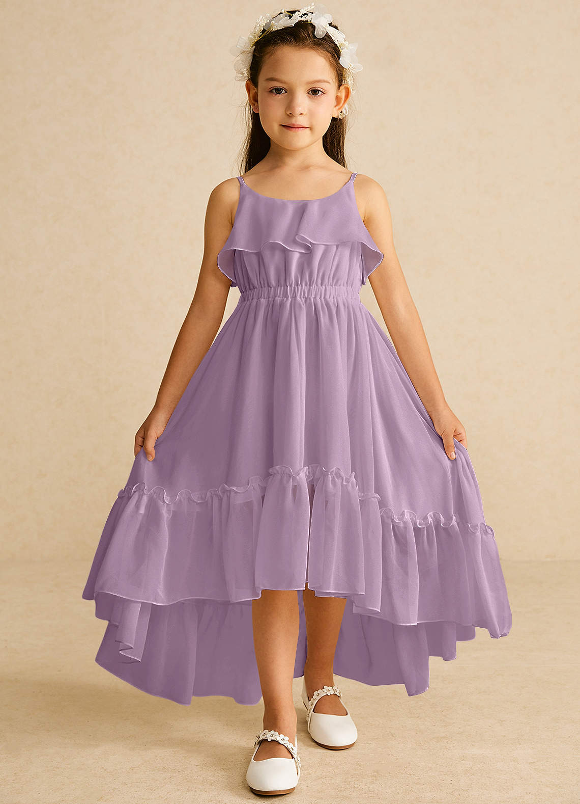 Azazie Karmen Flower Girl Dresses Wisteria A-Line Ruched Chiffon Dress image1
