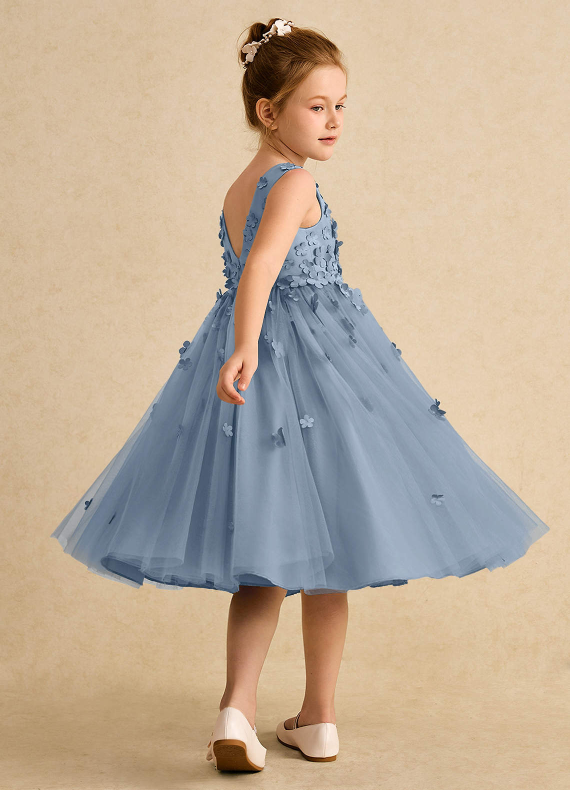 Azazie Lana Flower Girl Dresses Dusty Blue A-Line Sleeveless Matte Satin Dress image3