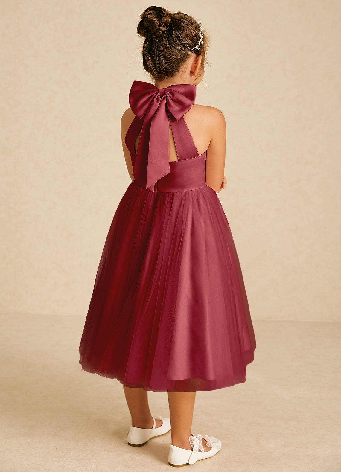 Azazie Dora Flower Girl Dresses Pomegranate A-Line Bow Tulle Dress image1