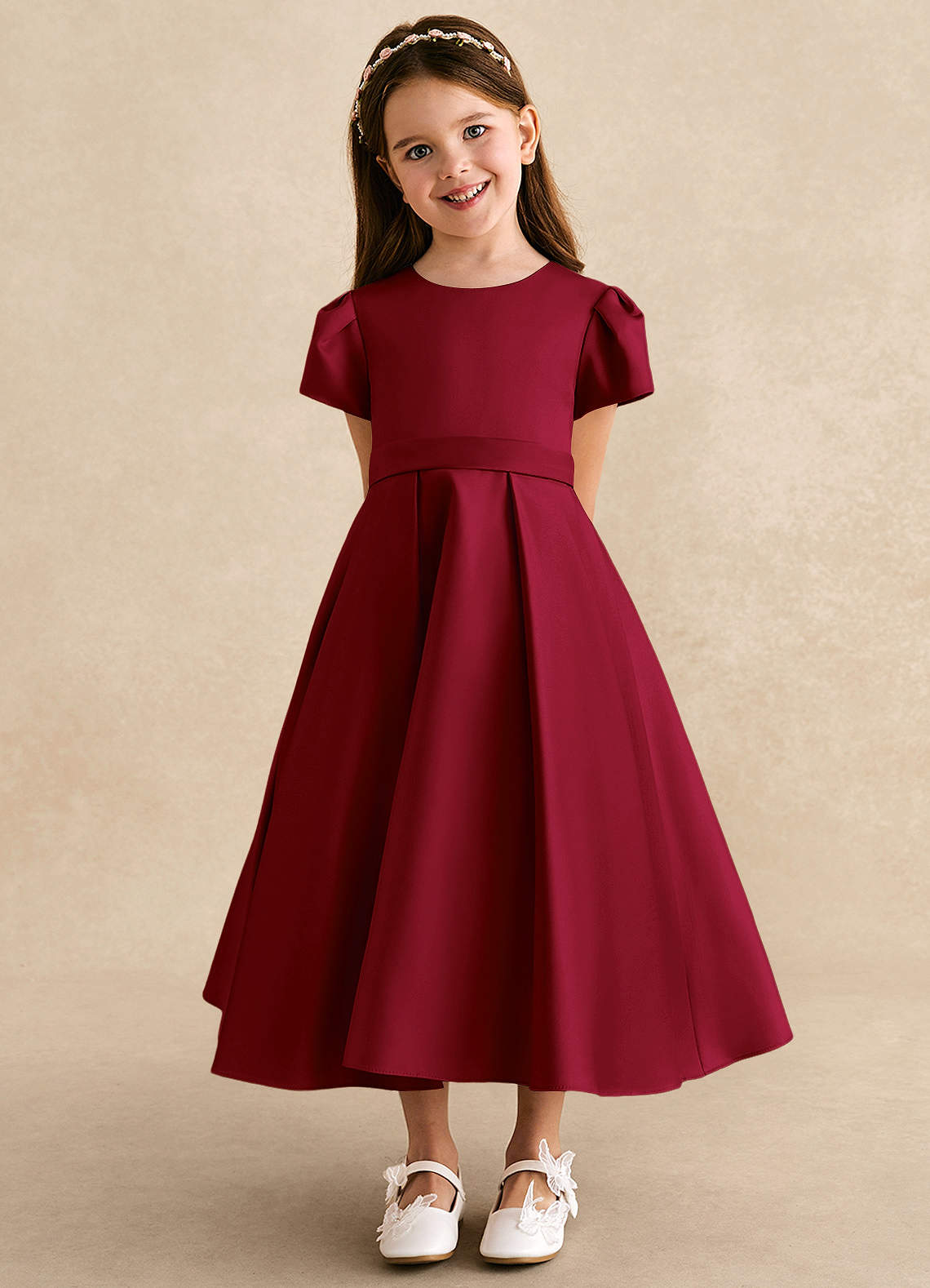 Azazie Princess Flower Girl Dresses Burgundy A-Line Pleated Matte Satin Dress image5