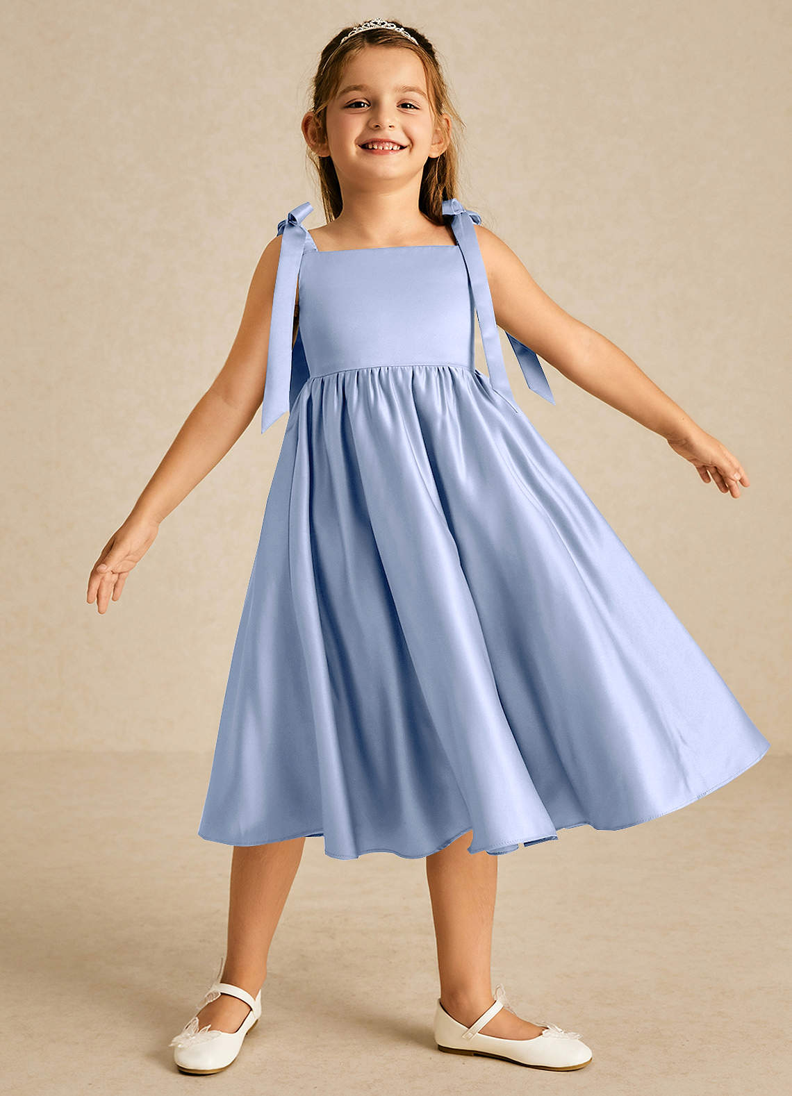 Azazie Chelsie Flower Girl Dresses Ice A-Line Bow Matte Satin Dress image1